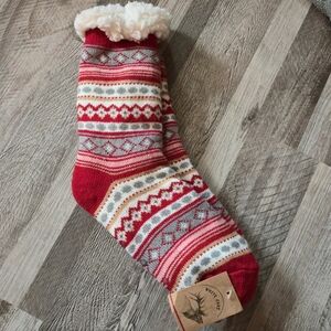White Oaks Slipper Socks Nordic Fair Isle Sherpa Lined Red Gray OS
